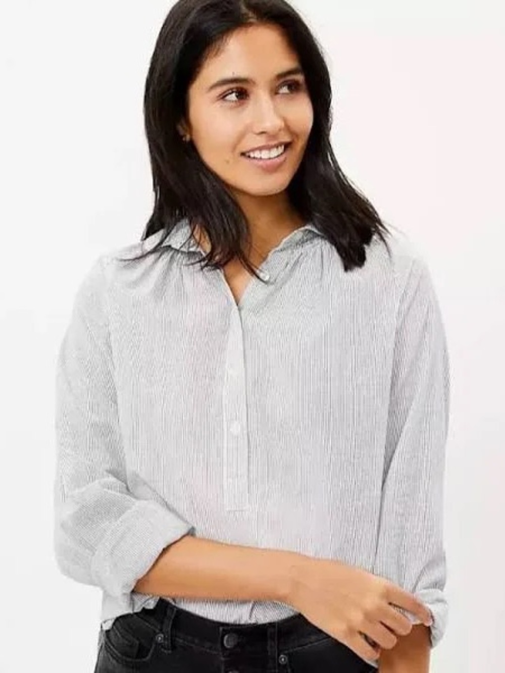 LOFT Vertical Pinstripe Button-Front Blouse - White & Navy